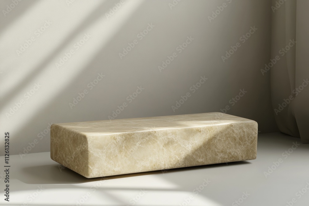 Poster a minimalist rectangular stone bench in a softly lit interior.