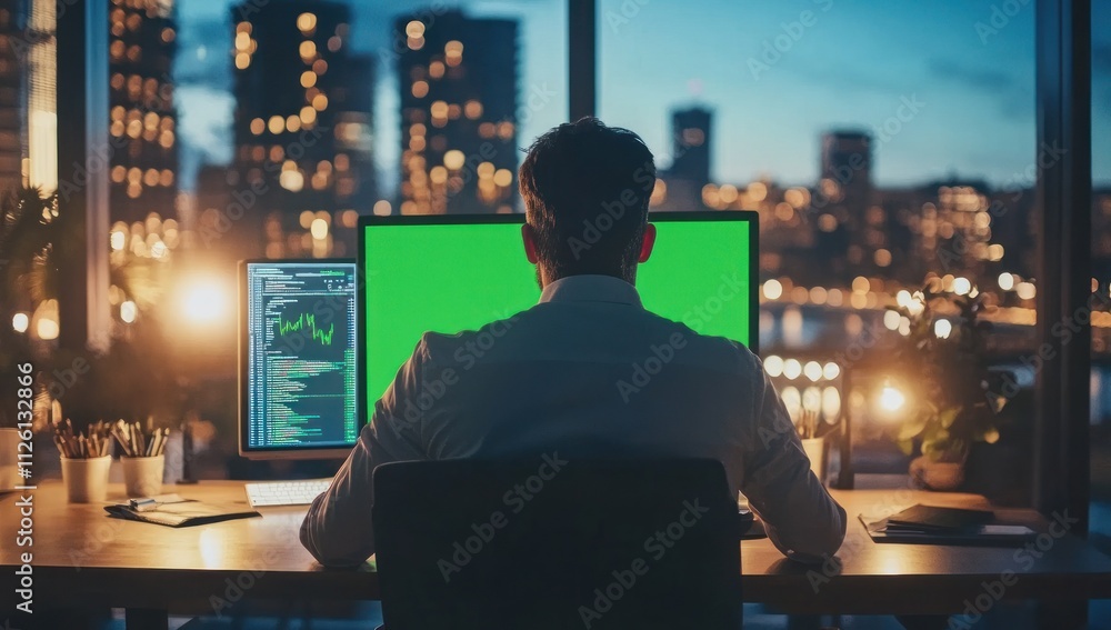 Poster a person working at a desk with dual monitors in a cityscape at dusk.