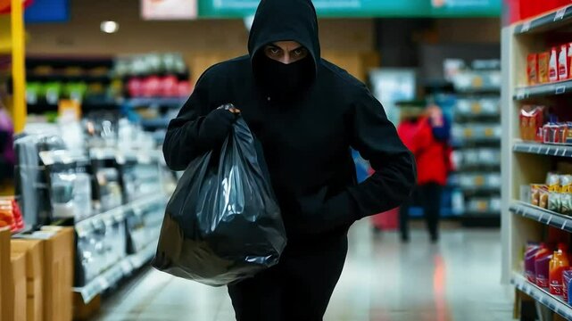 Man wearing a hoodie and face mask captured in slow motion as he escapes through a crowded marketplace with a stolen bag, highlighting theft and urban chaos, 4k cinematic video