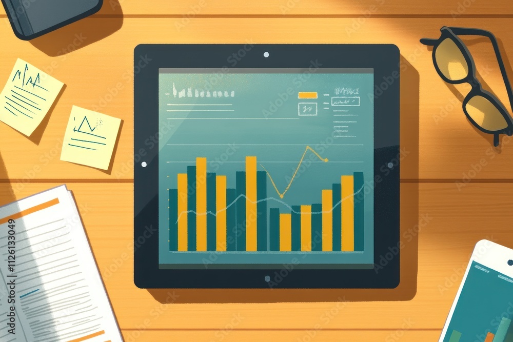 Poster Digital tablet displaying colorful data charts and graphs on a wooden desk.