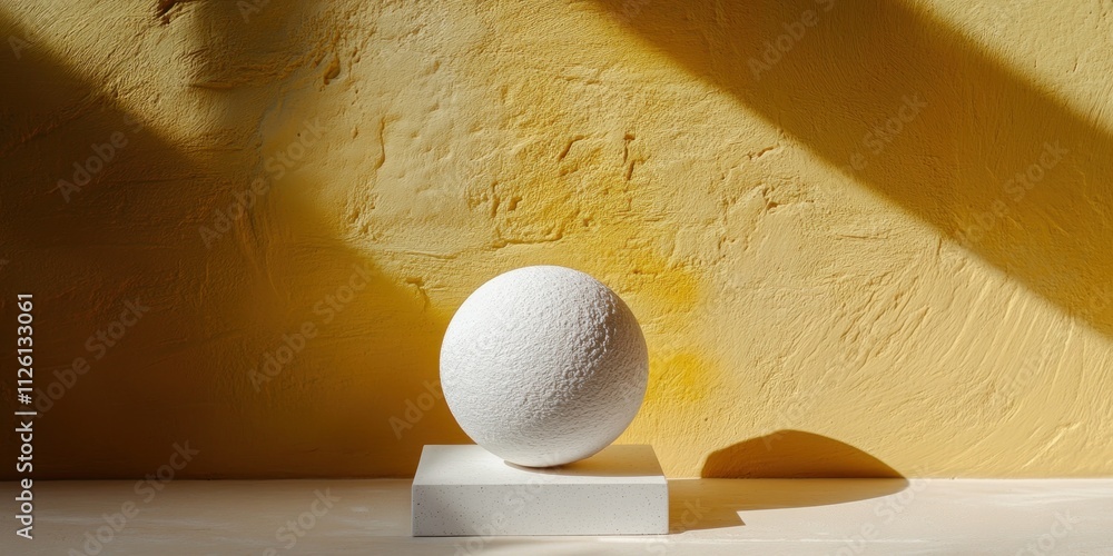 Poster a minimalist white sphere on a square base against a textured yellow wall, casting shadows.