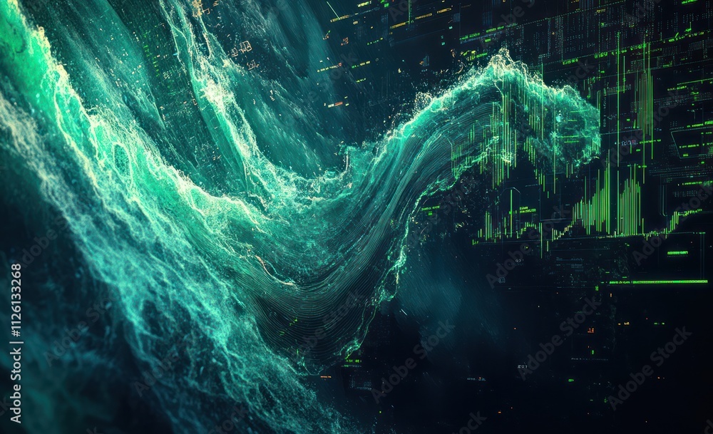 Aufkleber A digital abstraction depicting fluid movement with green tones and data elements.