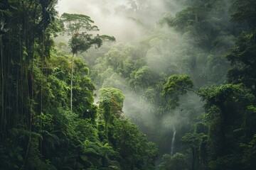 Dense greenery of a tropical rainforest shrouded in mist features vibrant foliage and distant waterfalls, captured during the serene morning hours.