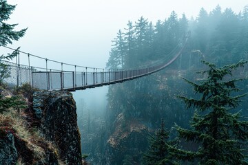 Suspension bridge connects rocky cliffs in misty forested landscape. Generative AI