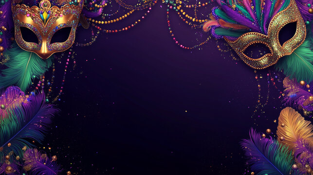 large Mardi Gras themed banner with gradient background illustration from purple to green, decorative elements in the form of beads, masks and colorful feathers decorate the edges, Ai generated images