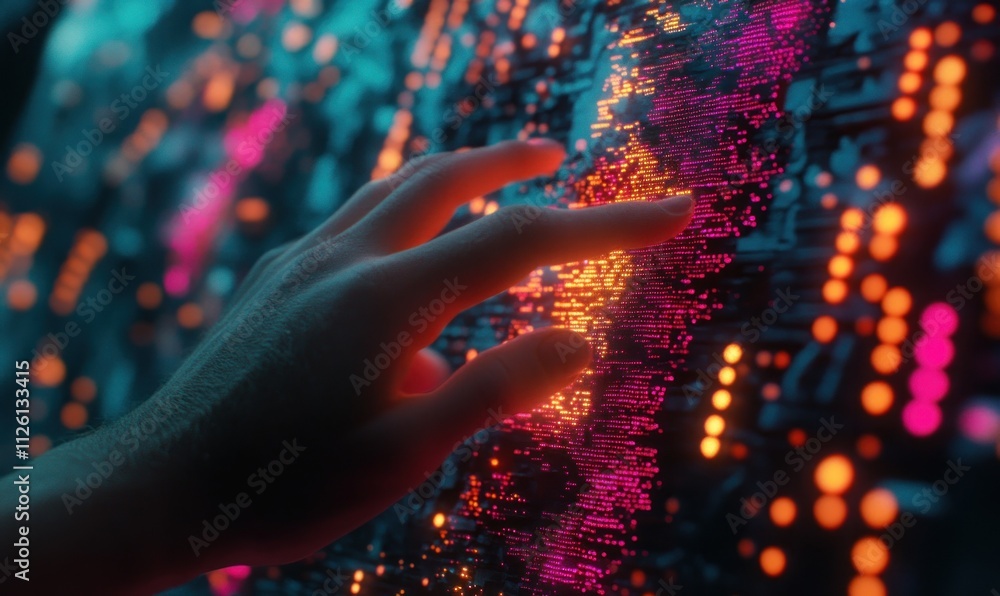 Aufkleber a hand interacting with a vibrant digital interface of glowing data points.