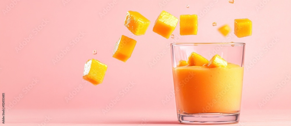 Poster a refreshing mango smoothie with floating mango cubes against a pink background.