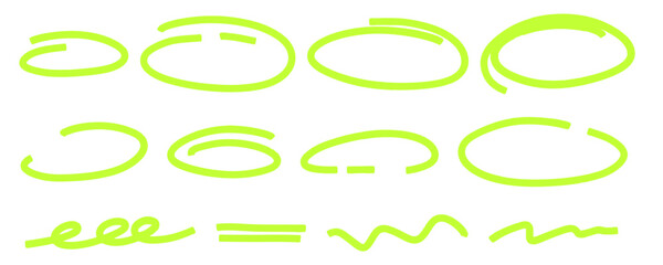 Marker highlight oval frame set. Hand drawn sketch Doodle highlight line. Highlighting text and important objects. Round scribble frames. Stock vector illustration on white background.