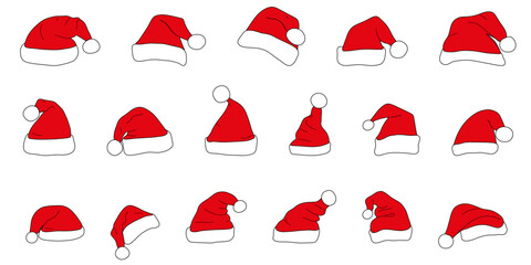 Santa Claus Red Hat Cap clip art sticker set. Clipart Santa Claus hat in flat cartoon style. Festive Cristmas Vector illustration isolated on white background.