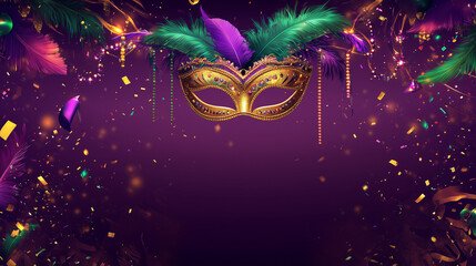 large Mardi Gras themed banner with gradient background from purple to green, decorative elements in the form of beads, masks and colorful feathers adorn the edges, Ai generated images