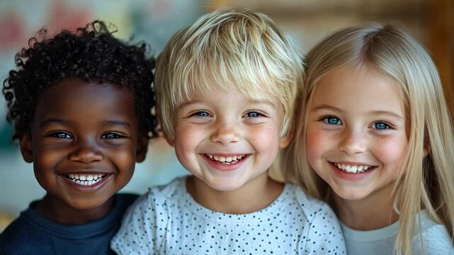video of three smiling children of different nationalities, diversity, african american boy, caucasian kid, asian kid, childhood, friends