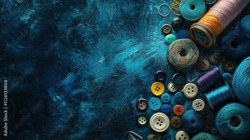 Poster a collection of colorful threads and buttons arranged on a textured blue background.