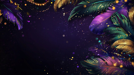 Mardi Gras themed banner with dark purple background, green and gold feathers on the edges, sparkling beads and confetti scattered around, Ai generated images