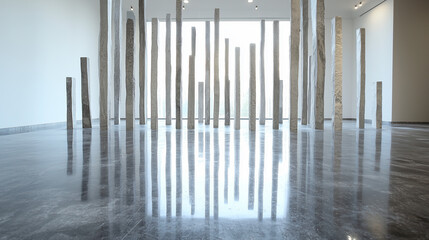 Modern Minimalist Installation: Polished concrete floor reflects a series of metallic grey columns,...