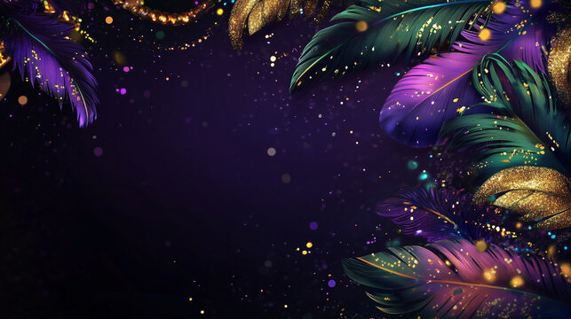Mardi Gras themed banner with dark purple background, green and gold feathers on the edges, sparkling beads and confetti scattered around, Ai generated images