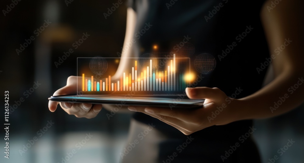 Poster A person holding a tablet displaying a glowing bar graph, symbolizing data analysis.