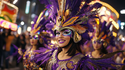 Mardi Gras parade with focus on a group of dancers wearing purple and gold exotic bird costumes,...