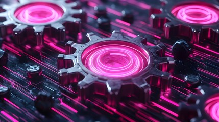 glowing pink tech gears, circuit board - cyberpunk