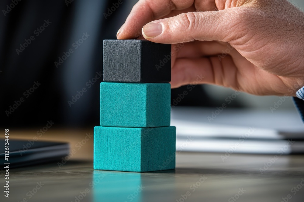 Poster a hand places a black cube atop two teal cubes, symbolizing structure and organization.