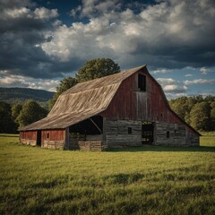 Obraz premium A rustic barn in a scenic rural landscape.