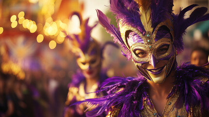 Mardi Gras parade with focus on a group of dancers wearing purple and gold exotic bird costumes,...