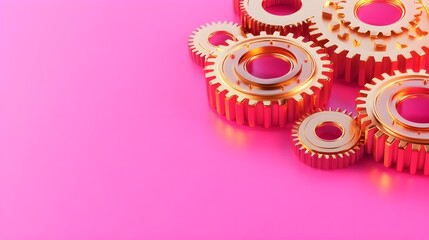 gold gears on pink background: teamwork concept - minimalist design