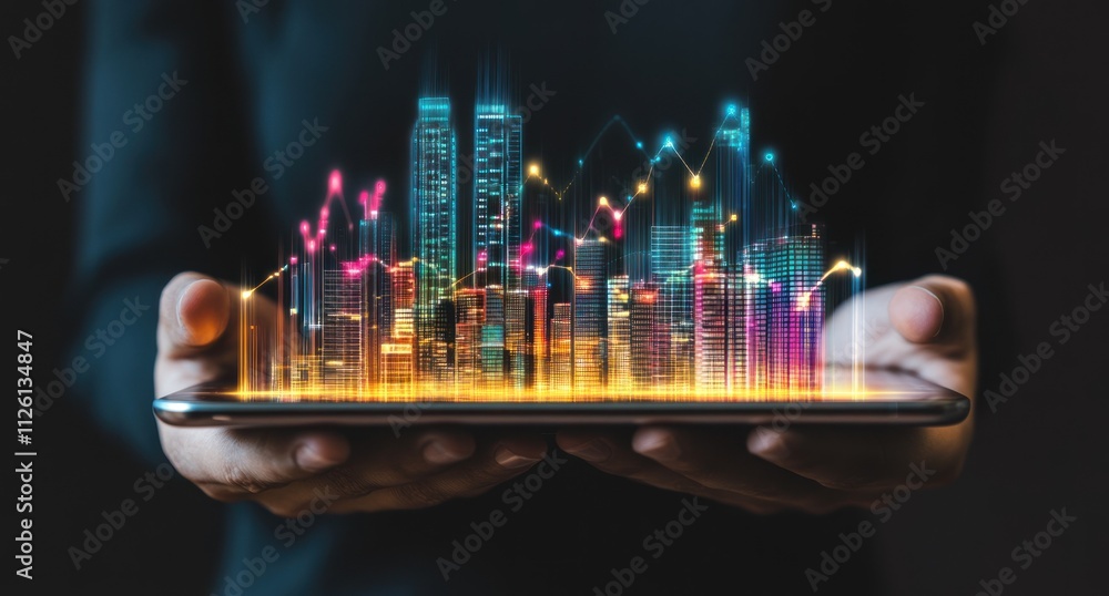 Poster A person holds a tablet displaying a vibrant city skyline with data visualizations.
