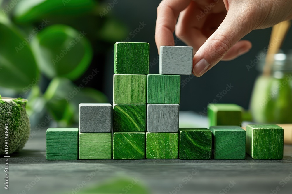 Aufkleber A hand stacking green wooden blocks, creating a pyramid structure against a blurred background.