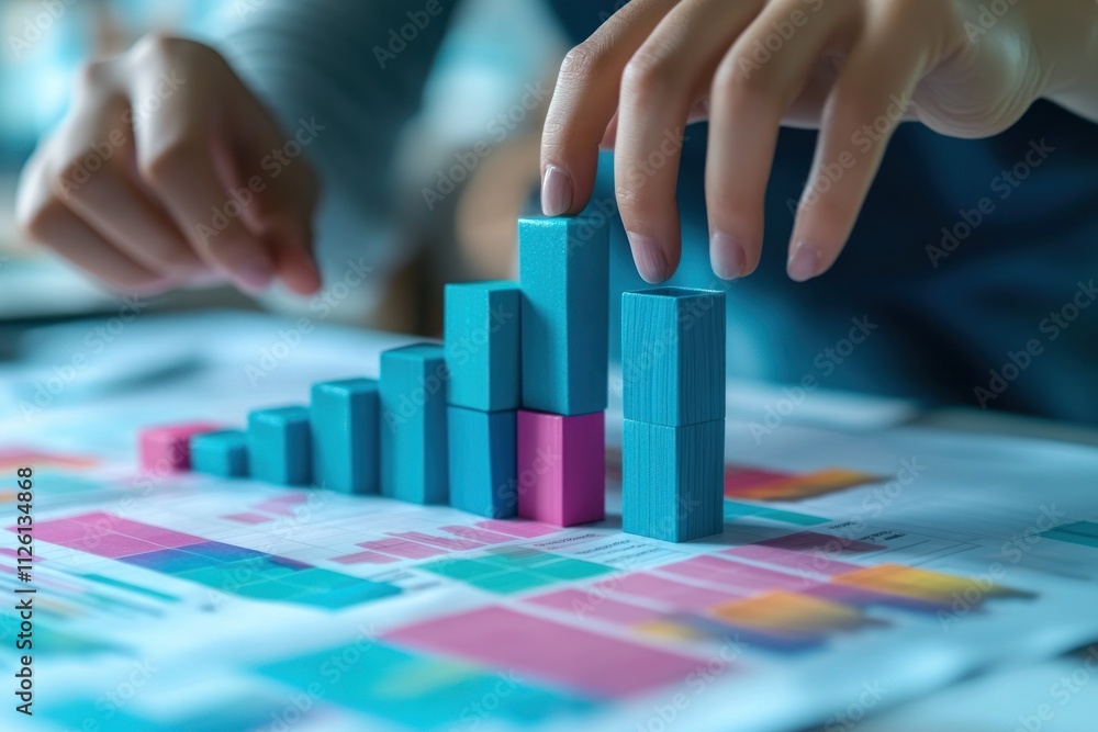 Poster A person arranging colorful blocks on a graph, illustrating data visualization concepts.