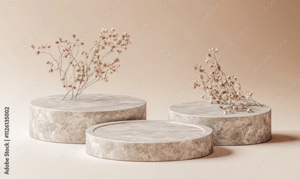 Poster Three textured circular platforms with dried floral arrangements against a soft background.