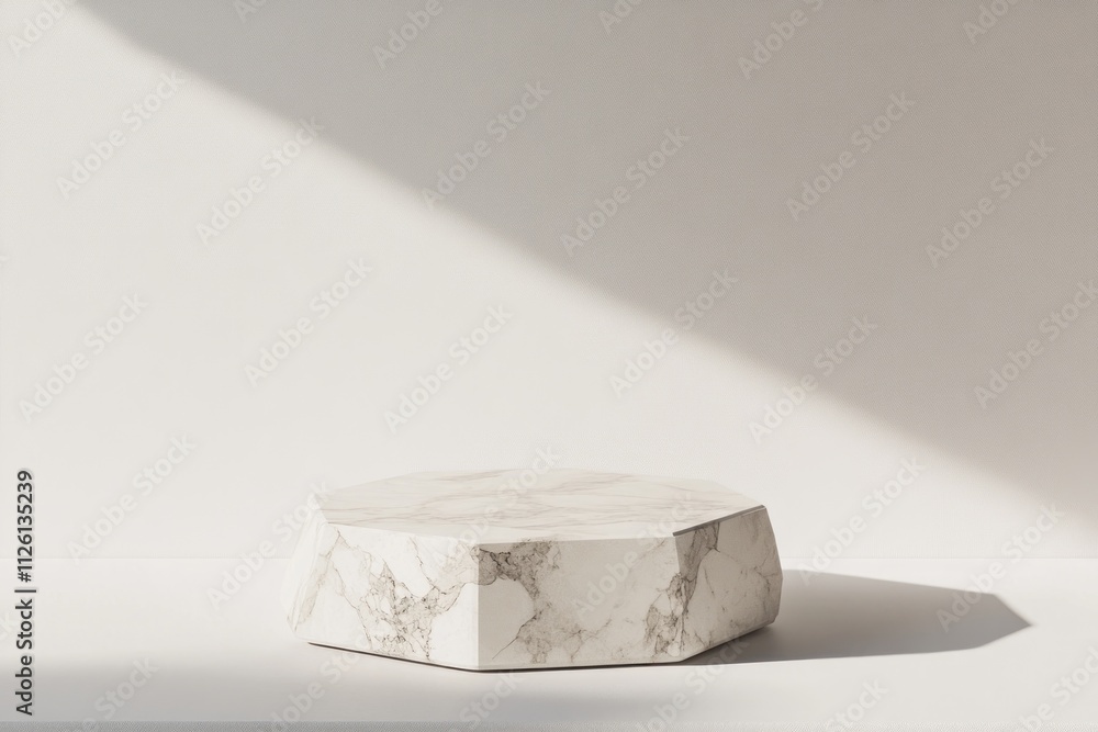 Poster A geometric marble display stand on a minimalist surface with soft shadows.