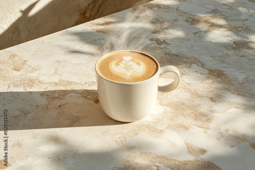 Poster a steaming cup of latte with intricate foam art on a marble table.