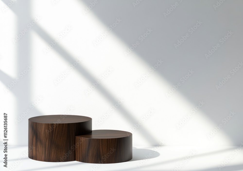 Aufkleber two wooden cylindrical pedestals create a minimalist display with soft shadows on a wall.