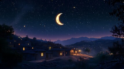 Naklejka premium Night scene of a village nestled in a mountain valley under a crescent moon and starry sky.