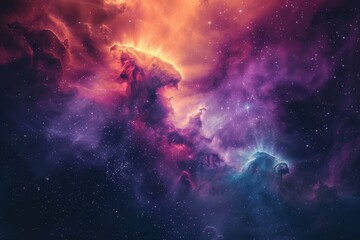 Fototapeta premium Colorful clouds of gas and dust swirl together, illuminated by the light of distant stars, creating a mesmerizing nebula that showcases the beauty of space.