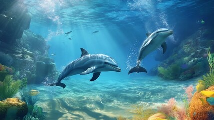 Obraz premium Playful Dolphins Dancing in the Crystal Clear Underwater Reef