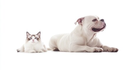 Obraz premium A dog and a cat sit side by side against a white background, showcasing companionship.