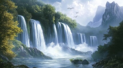 Serene Waterfall Paradise: A Breathtaking Cascade in a Misty Mountain Valley
