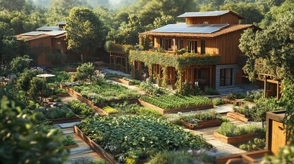 Fototapeta premium Sustainable ecovillage blueprint with organic gardens, solar energy