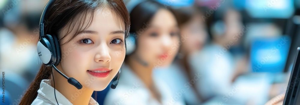 Poster A call center agent smiling while working in a busy office environment.
