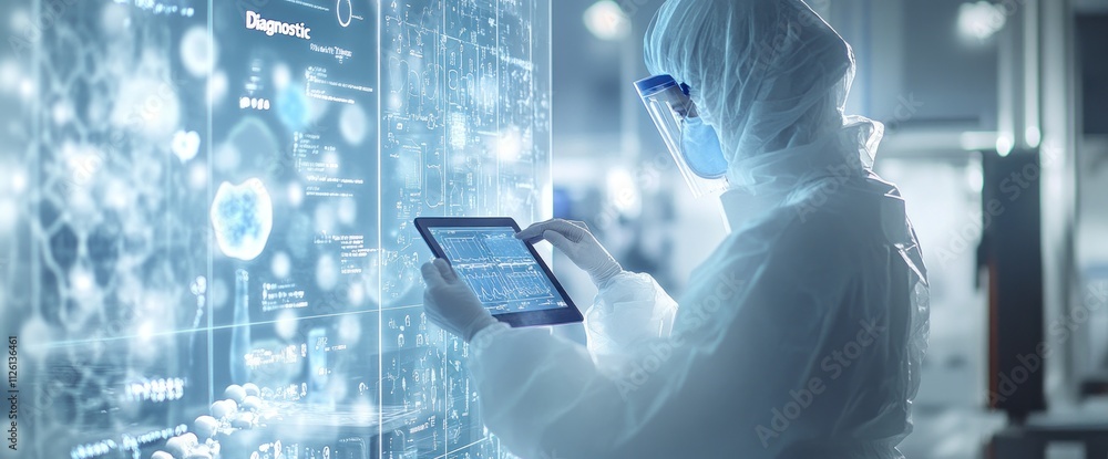 Aufkleber A scientist in protective gear interacts with a digital display in a lab setting.