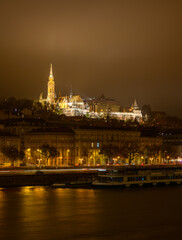Obraz premium Budapest, Hungary, parliament, december, landscape, buildings, Danube, river, history, boats, night, budapest, europe, water, church, building, town, panorama, tower, cathedral, hungary, travel, view