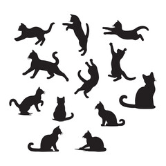 Playful cat silhouette, Cat silhouette vector, Jumping cat,