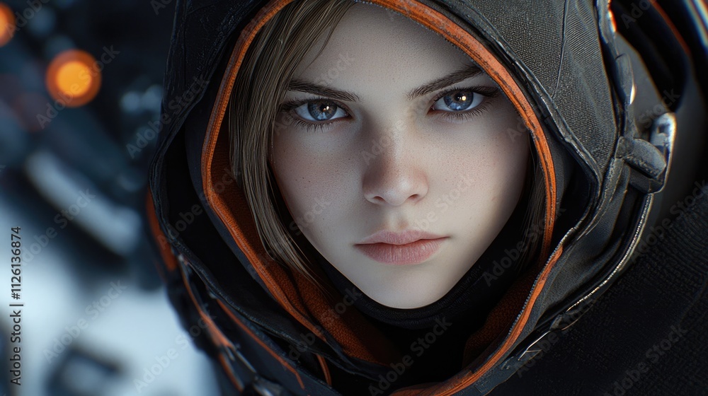 Poster adventurous character exploration sci-fi universe digital art portrait futuristic setting close-up v
