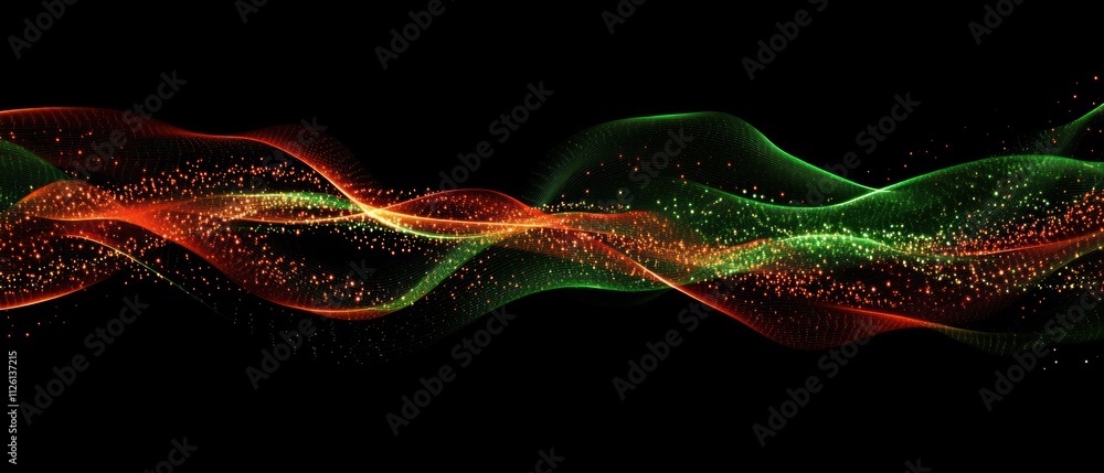 Poster abstract waves of green and red light with particles on a black background.