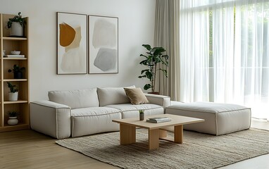 Modern living room with beige sofa, wooden furniture, abstract art, and large windows.
