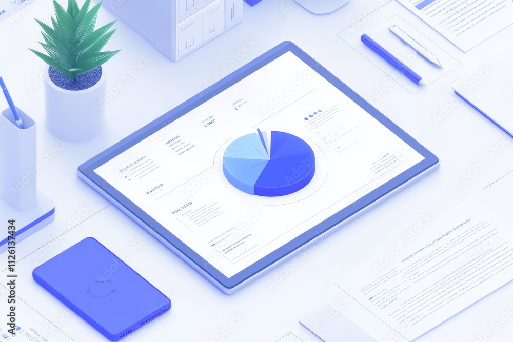 Poster A digital tablet displaying a pie chart on a workspace with plants and stationery.