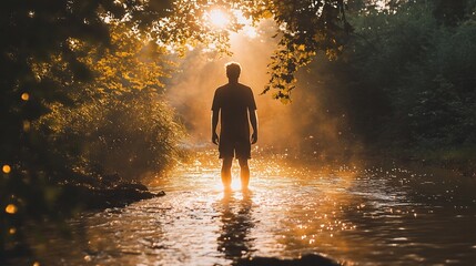 Silhouetted Wanderer in Glowing Forest Stream at Sunset