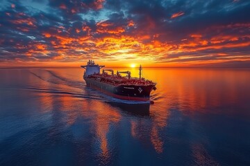 Fototapeta premium Cargo ship navigating at sunset calm waters aerial view maritime industry tranquil seascape