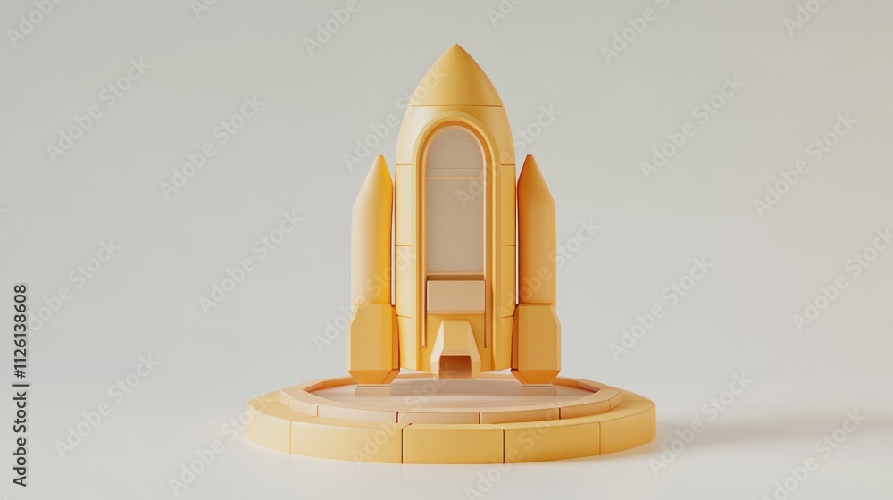 Poster a stylized yellow rocket model on a circular base, symbolizing space exploration and innovation.